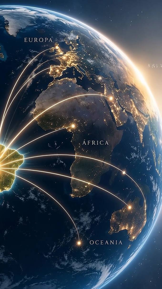 Rotas de luz convergindo para o Brasil sobre o globo terrestre